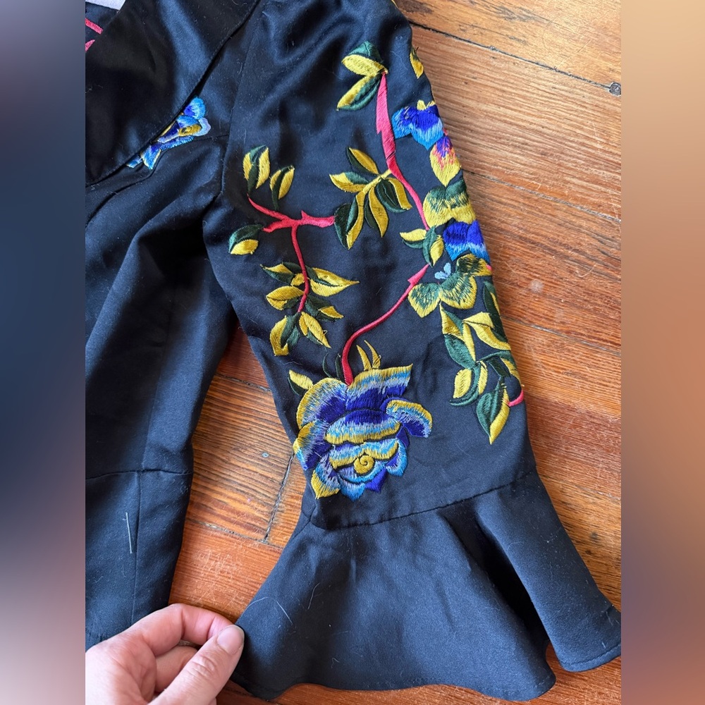 Anthropologie sample sale unique hand embroidered peplum black satin jacket - Picture 2 of 6